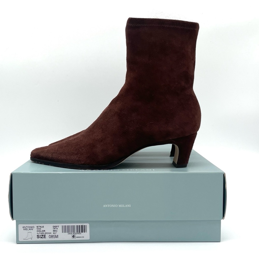 A. MELANI suede stretch sock bootie leather sole low heel 8.5 Mae brown - Picture 2 of 8